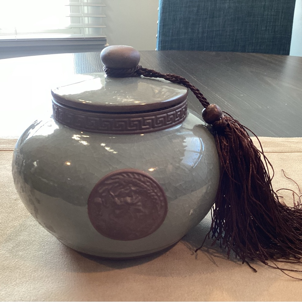 Sophisticated light greenCeramic Tea and spice Jar with Tassel